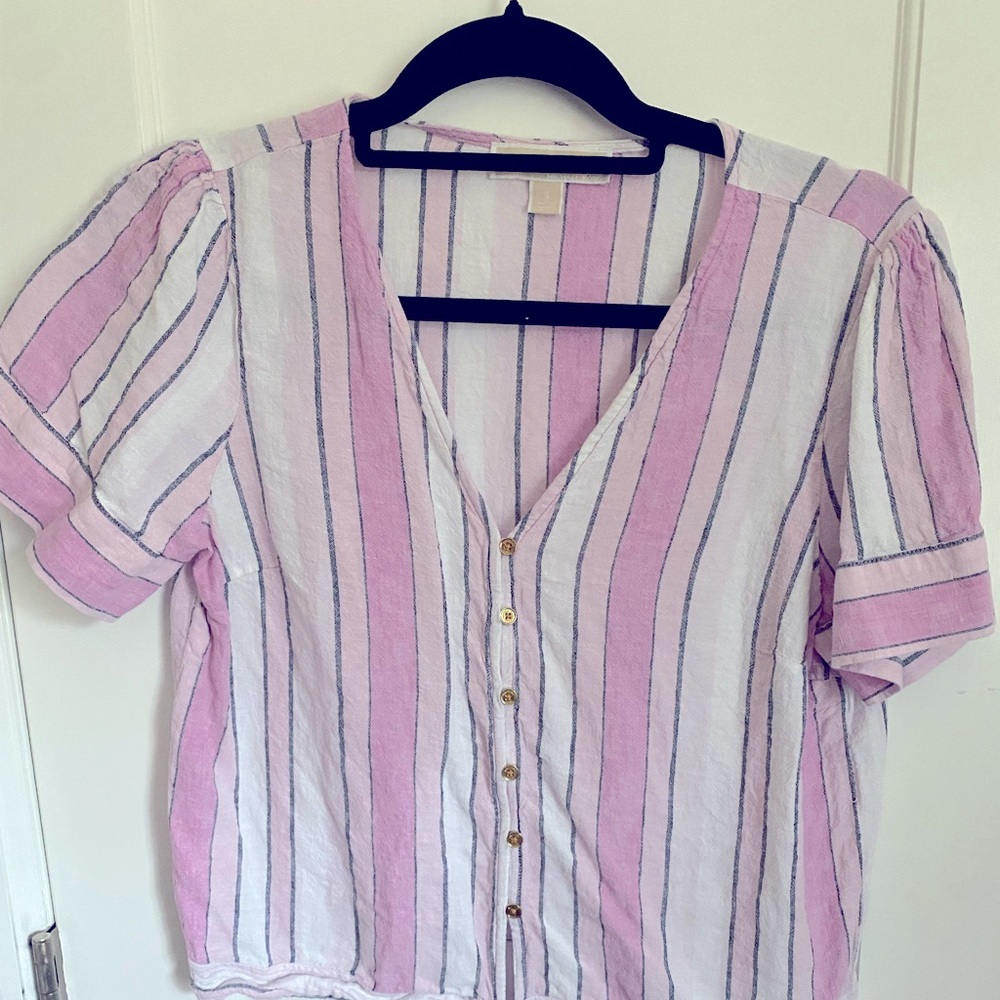 Striped linen top with tie pink and white